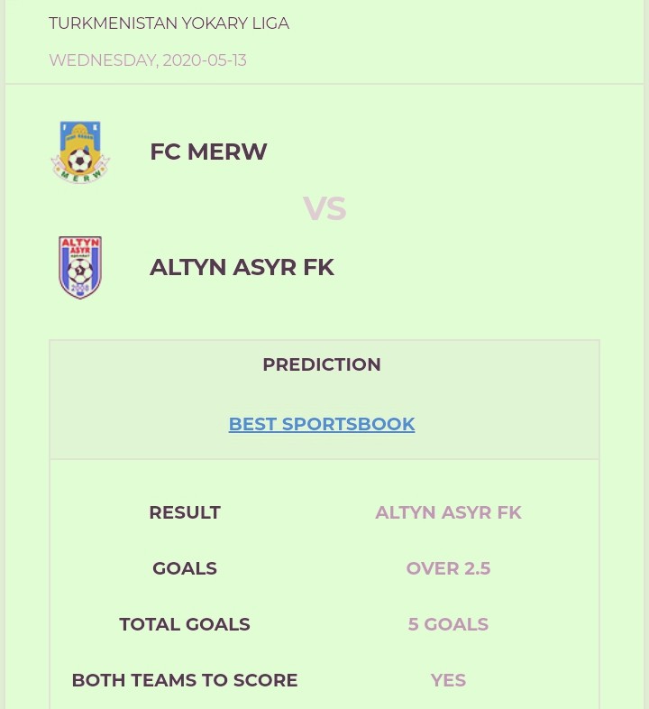 13/05/2020: [Sports Prediction] FC Merw vs Altyn Asyr FK (Turkmenistan Yokary)