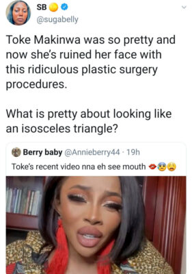 “What’s Pretty About Looking Like An Isosceles Triangle” – Fan’s Reaction To Toke Makinwa