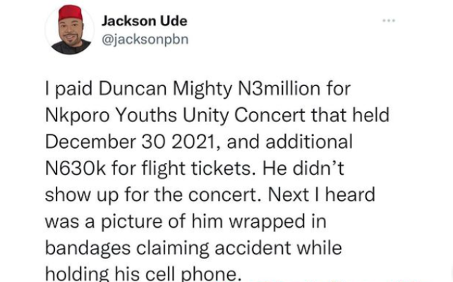 Duncan Mighty called out for failing to make refunds for a show he was paid for in December