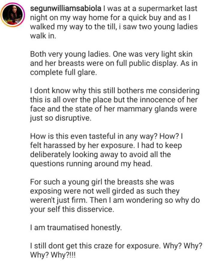 “I am traumatized” – Actress, Abiola Segun Williams laments after spotting a lady with her stomach fully exposed in a supermart
