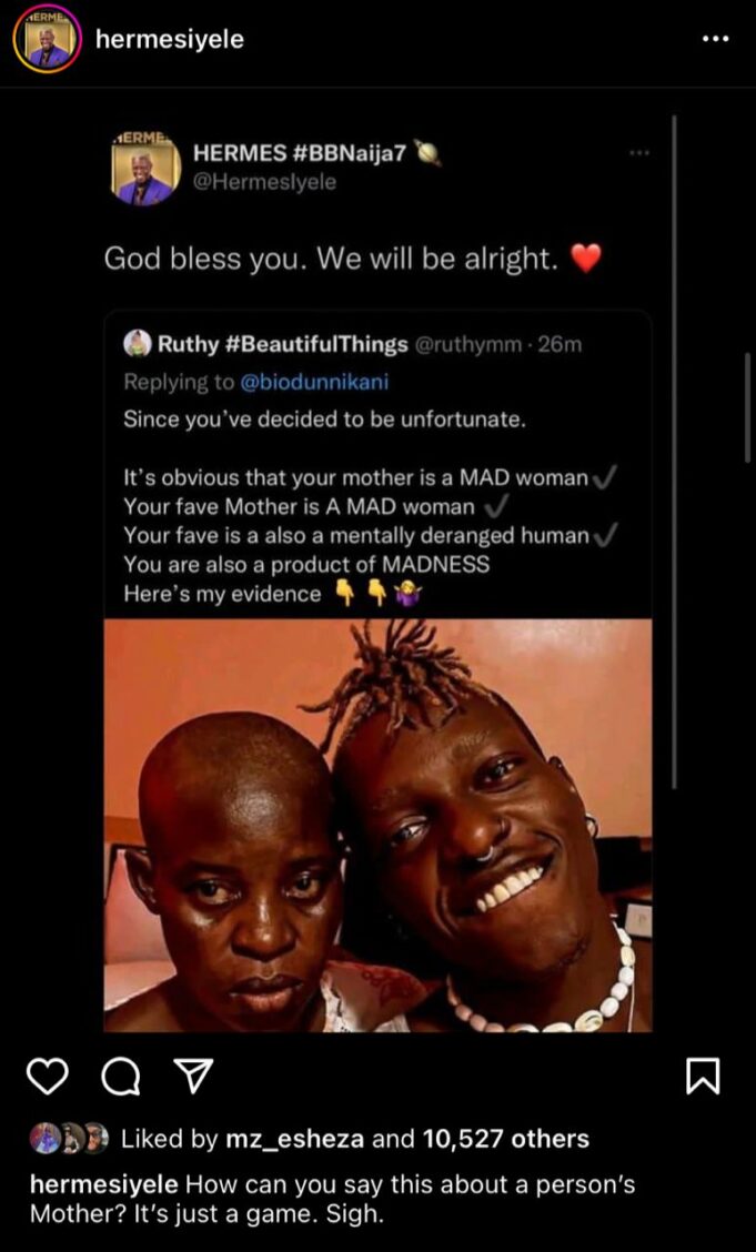 #BBNaija: “How can you say this about another person’s mother?” – Hermes’ handler slams troll who mocked his mother’s alleged mental illness
