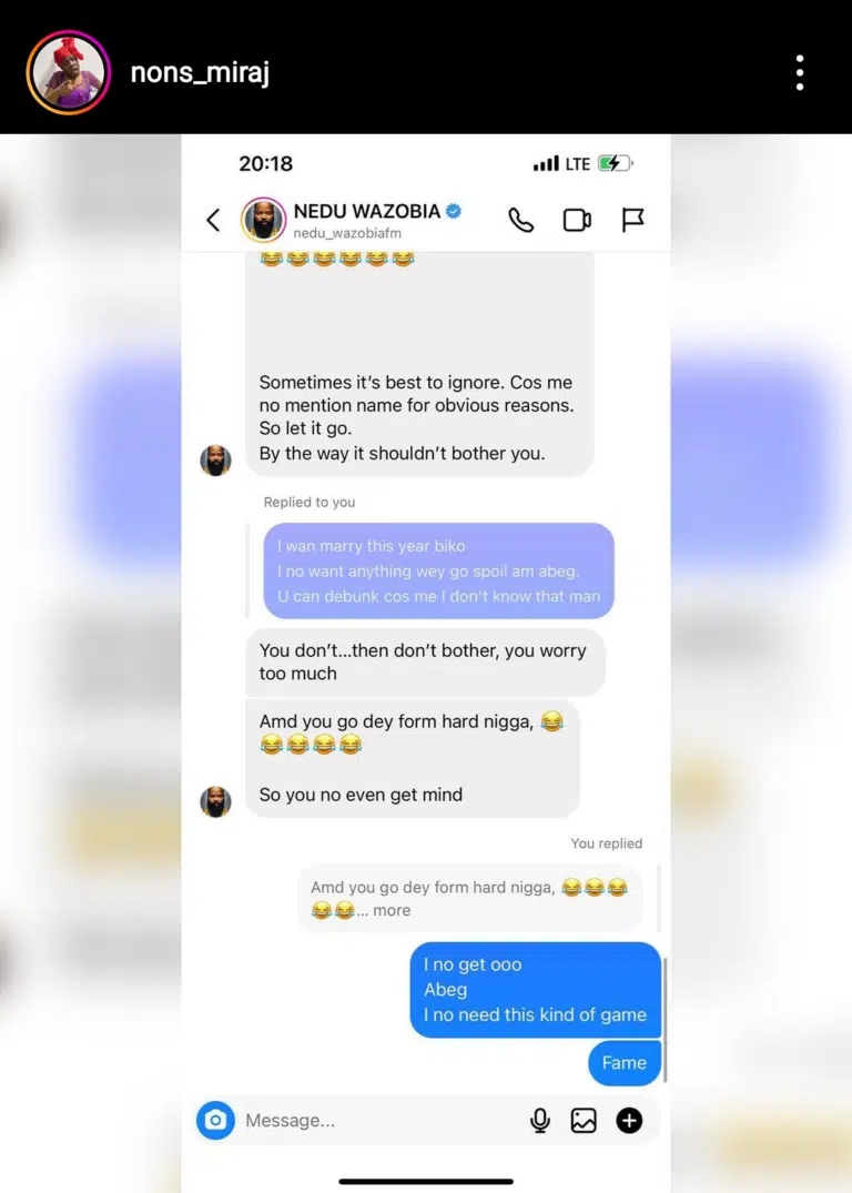 Leaked discussion between Nons Miraj and Nedu Wazobia follows Dino Melaye affair allegations (Screenshots)