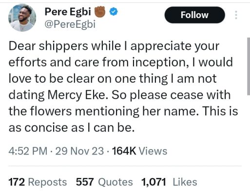 “I’m not dating her” - BBNaija's Pere Egbi Clarifies Relationship Status with Mercy Eke, Appeals to Shippers